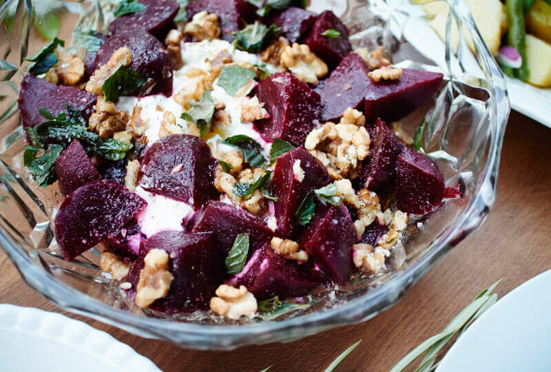 Beet salad with greek yoghurt, fresh herbs and walnuts